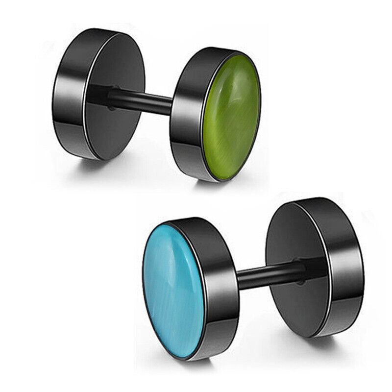 2PC Titanium Steel Stone Fake Cheater Ear Plug Earring Stud Stretcher Cat's Eye