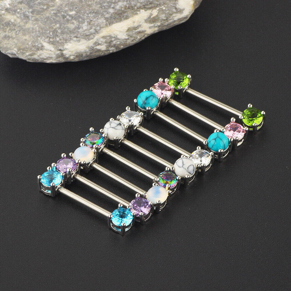 2pc Surgical Steel Nipple Bar Ring Opal Zircon Shield Body Piercing Jewellery