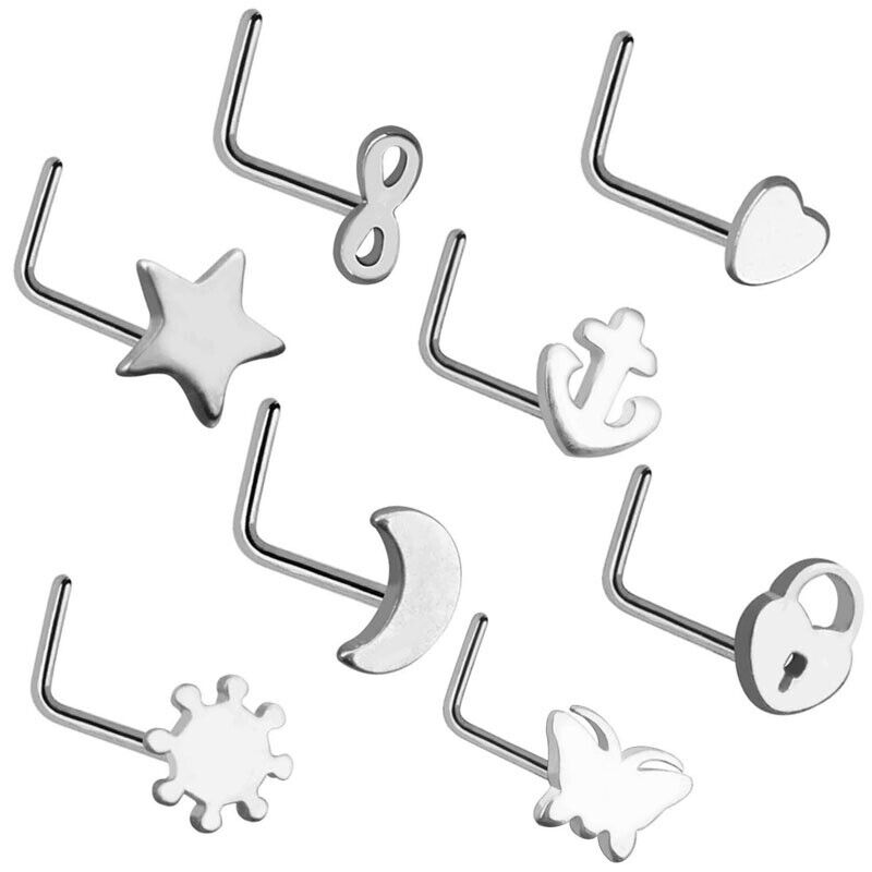 8pc Set 20g Black Silver Rose Gold Heart Star Nose Stud Ring Piercing Jewellery