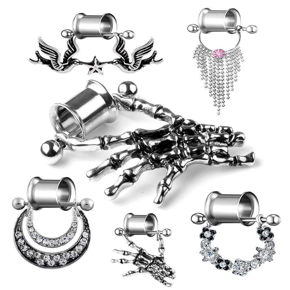 Pair Punk Skeleton Hand Crystal Tassel Dangle Flesh Tunnel Double Flare Ear Plug
