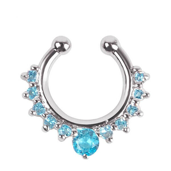 Crystal Zircon Stud Nose Ring Surgical Steel Bar Septum Hanger Clip Piercing 16g