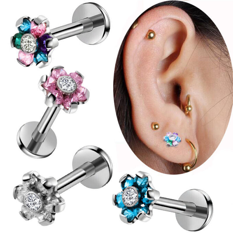 Multi Zircon Flower Internally Threaded Labret Lip Bar Stud Tragus Ear Piercing