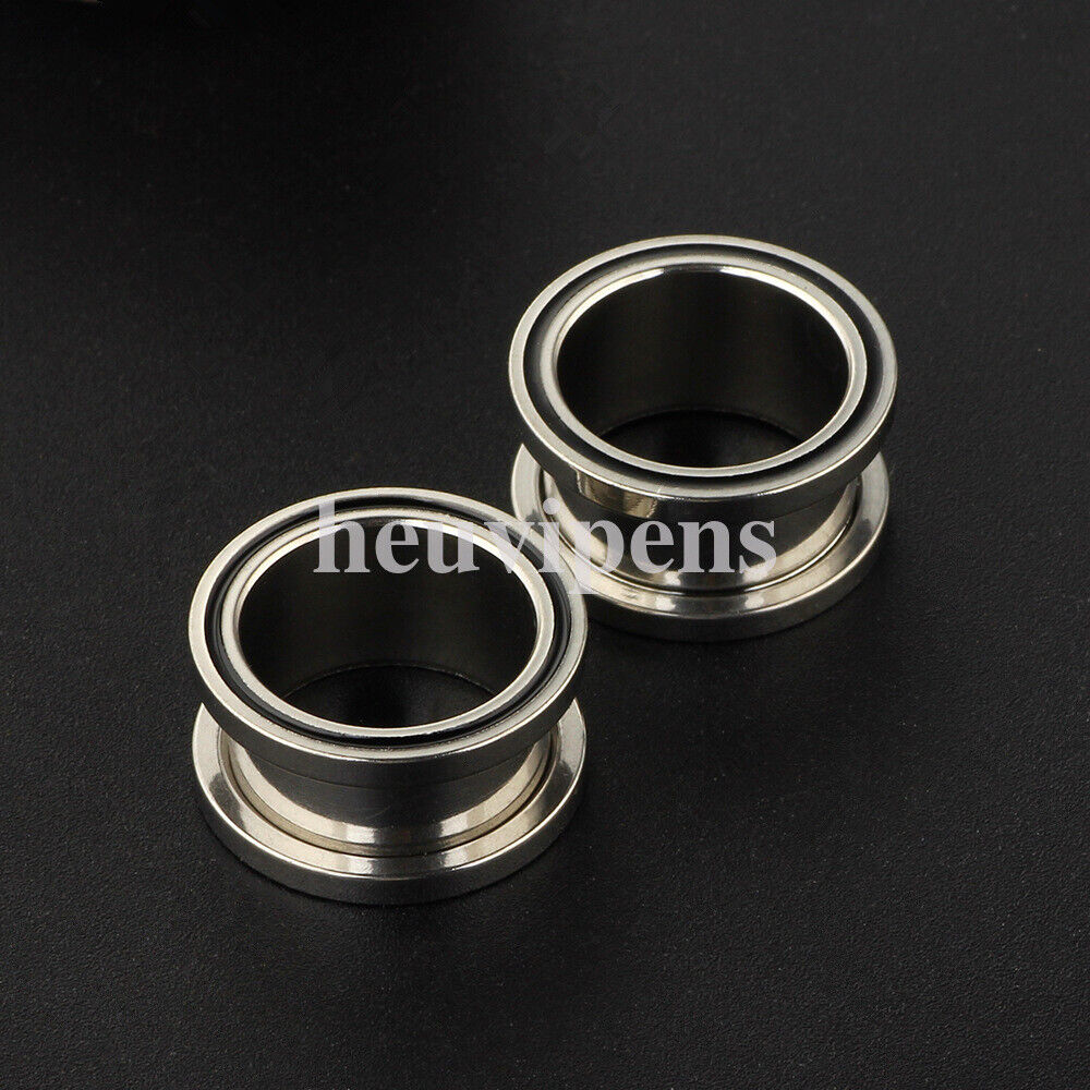 2pc Silver Black Steel Flesh Tunnel Screw Fit Ear Plug Trumpet Stripe Expander