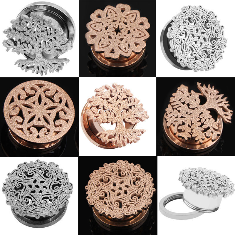 2X Steel Flesh Tunnel Frosted Flower Tree Ear Plug Stretcher Screw Fit 6mm-16mm