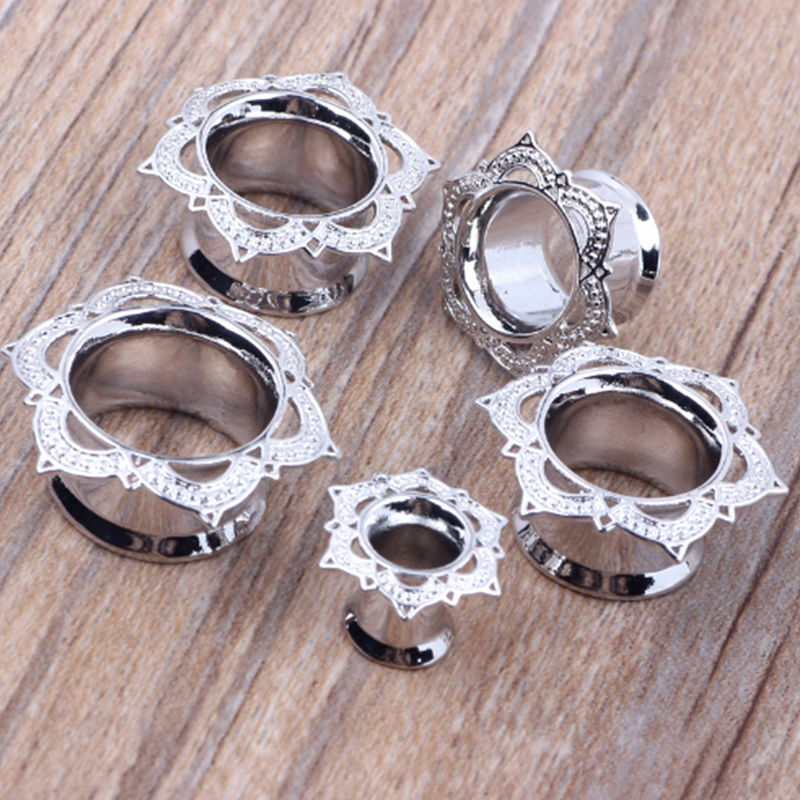 Pair Copper + Silver / Gold Lotus Flower Ear Plug Flesh Tunnel Gauge Stretcher