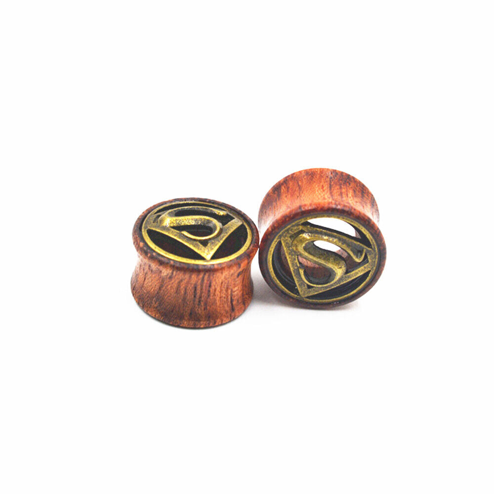 1 Pair Hollow Wood Superman Mark Double Flared Ear Plug Flesh Tunnel Stretcher