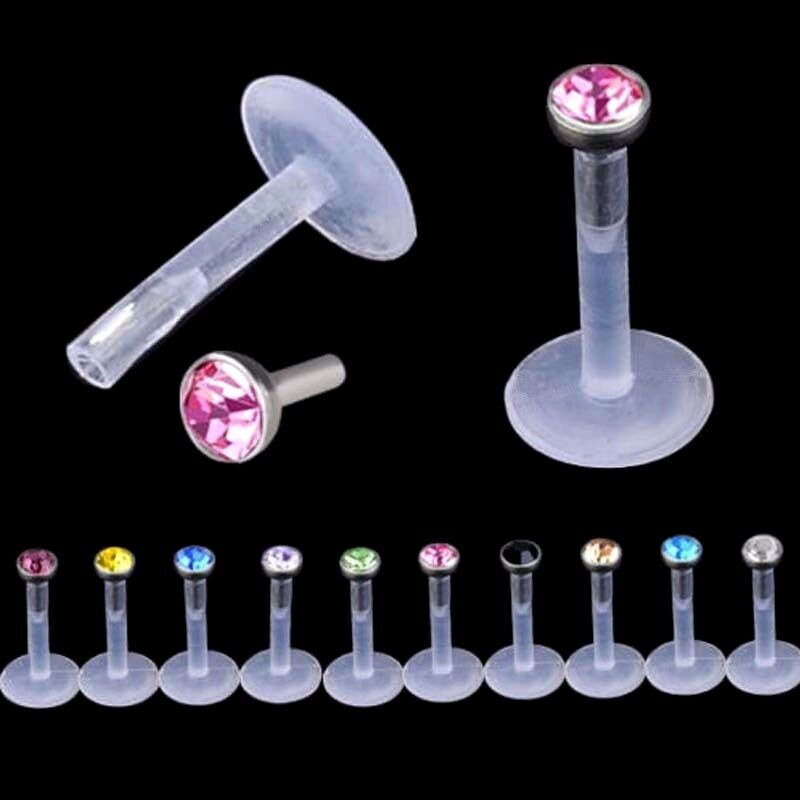 2X Internal Thread Crystal Ball Lip Monroe Labret Tragus 6/8/10mm Bar Piercing