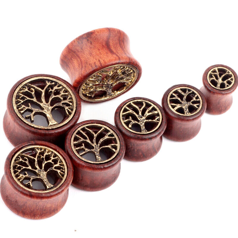 Pair Hollow Wood Tree of Life Double Saddle Ear Plug Flesh Tunnel Stretcher Tube