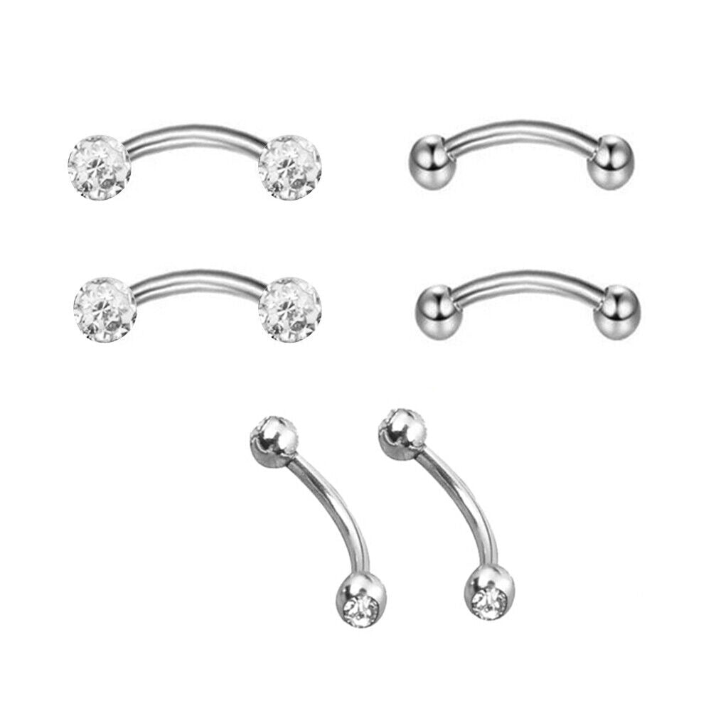 6pc Varies Bar Length Steel Crystal Barbell Curved Eyebrow Ring Ear Piercing Set