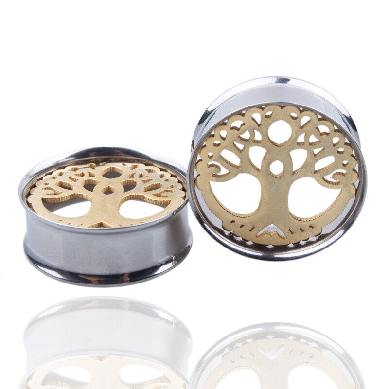 2pc Steel Hollow Tree Of Life Screw Flesh Tunnel Flared Saddle Ear Plug Expander