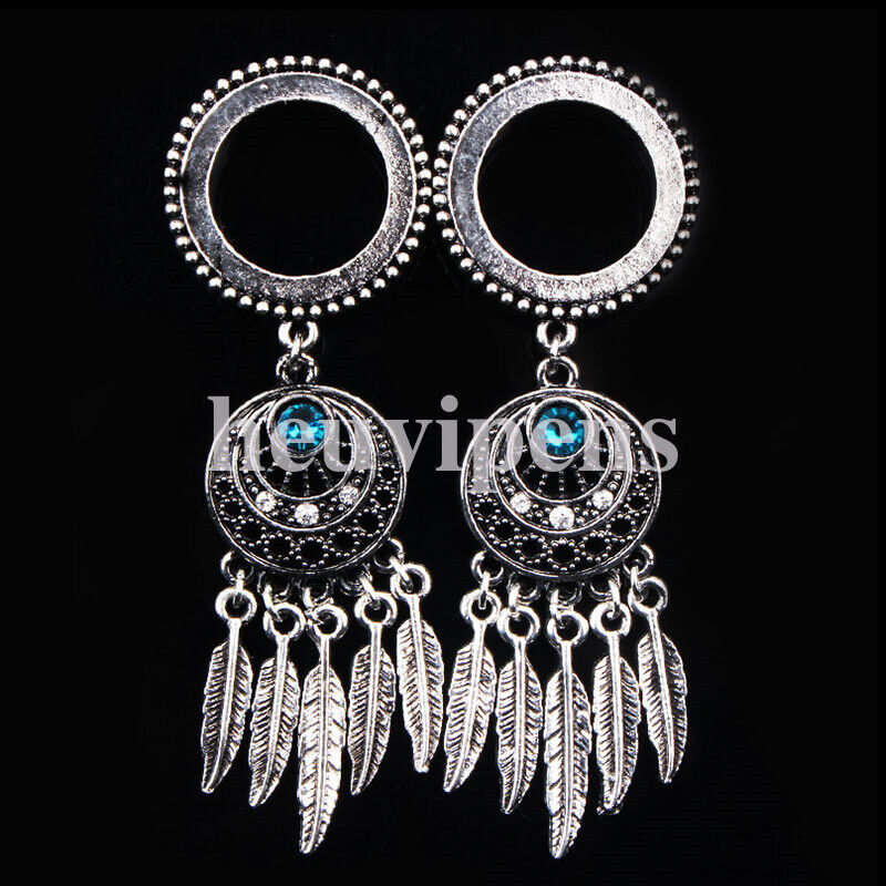 Pair Steel Feather Tassel Chain Dangle Screw Fit Flesh Tunnel Ear Plug Shell Gauge