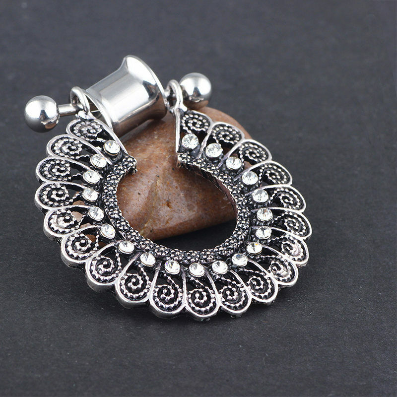 2X Steel Boho Dangle Crystal Peacock Flesh Tunnel Double Flared Ear Plug Trumpet