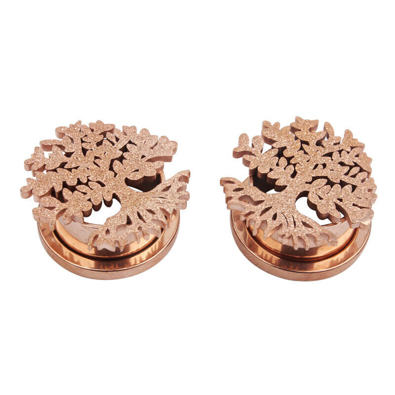2X Steel Flesh Tunnel Frosted Flower Tree Ear Plug Stretcher Screw Fit 6mm-16mm
