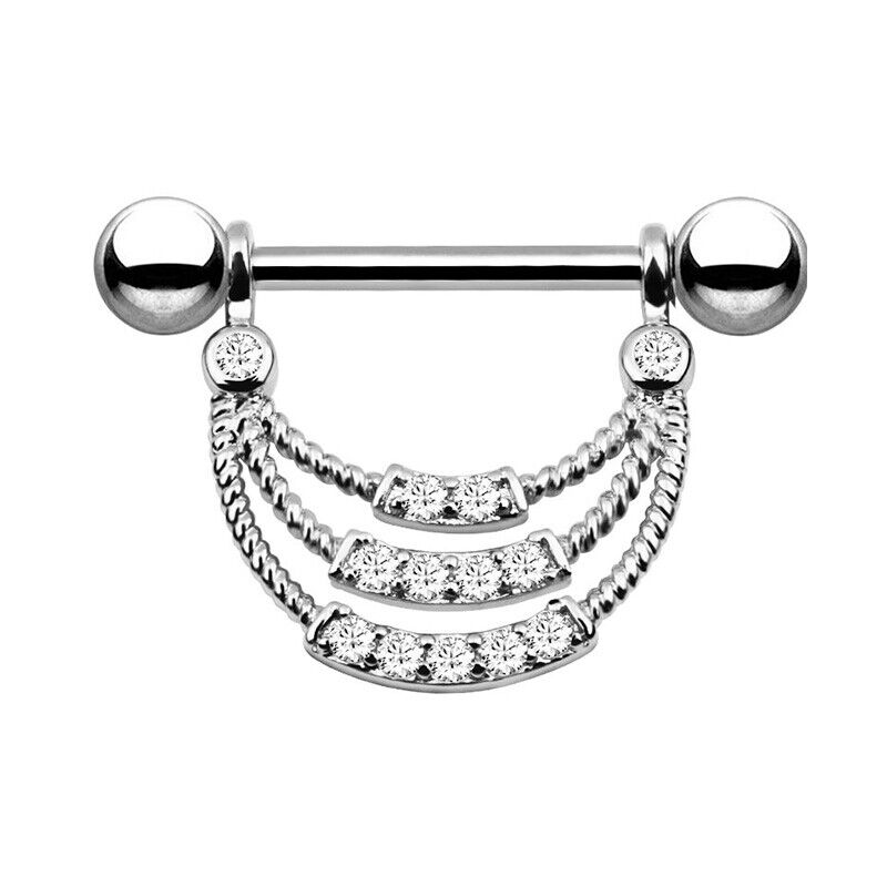 Pair Crystal Gem Nipple Ring Surgical Steel Zircon Piercing Bar Shield Piercing