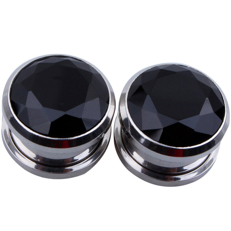 2PC Surgical Steel Zircon Crystal Screw Fit Flesh Tunnel Gauge Ear Plug Expander