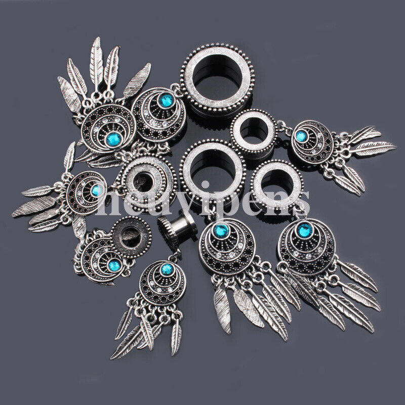 Pair Steel Feather Tassel Chain Dangle Screw Fit Flesh Tunnel Ear Plug Shell Gauge