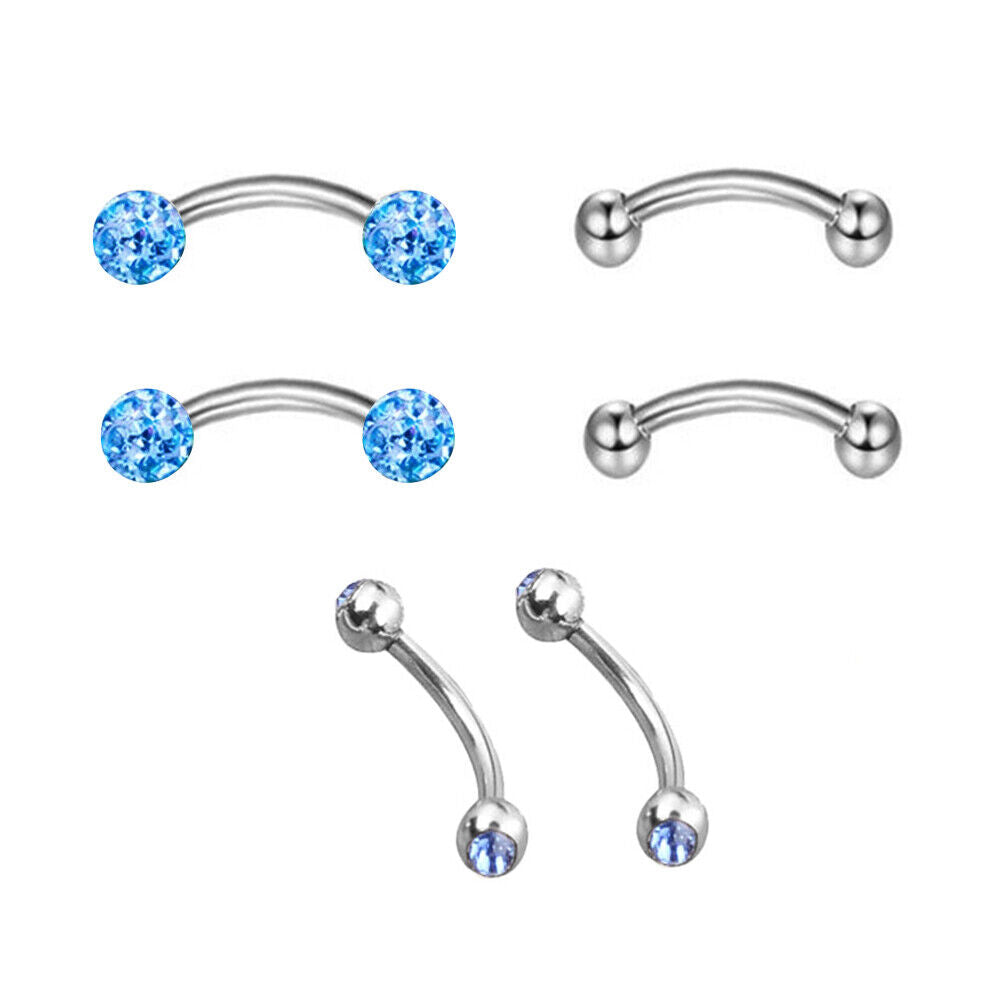 6pc Varies Bar Length Steel Crystal Barbell Curved Eyebrow Ring Ear Piercing Set
