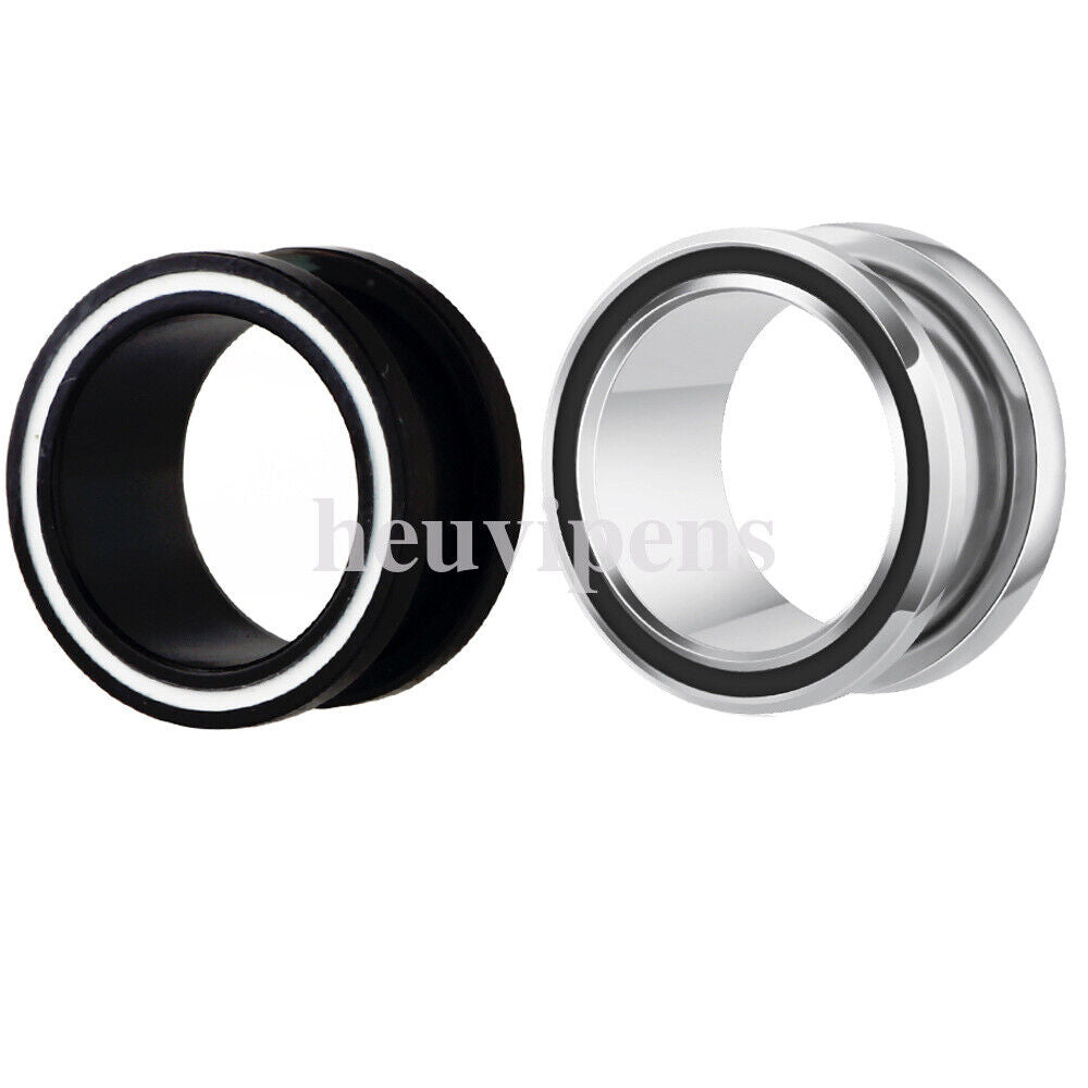 2pc Silver Black Steel Flesh Tunnel Screw Fit Ear Plug Trumpet Stripe Expander
