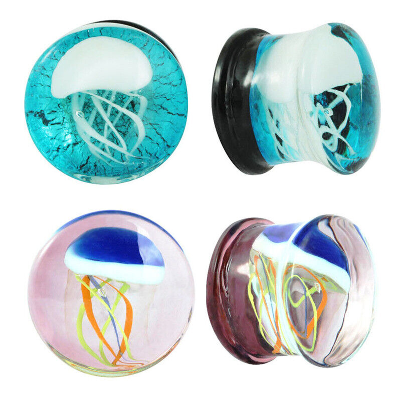 2PC Glass Ear Plug Jellyfish Double Flared Saddle Flesh Tunnel Stretcher Trumpet