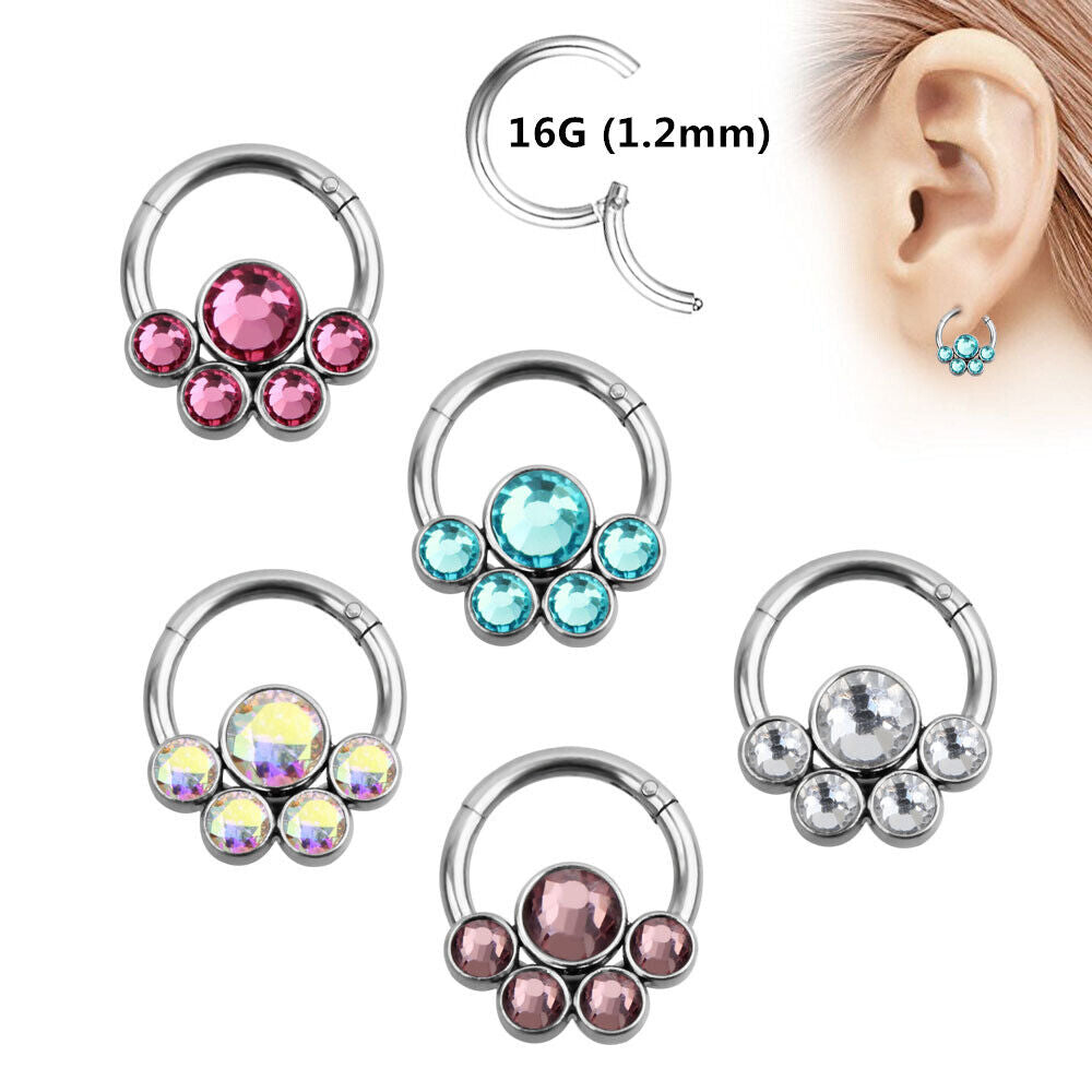 Flower Crystal Nose Ring Septum Clicker Hinge Segment Ear Tragus Hoop Earring