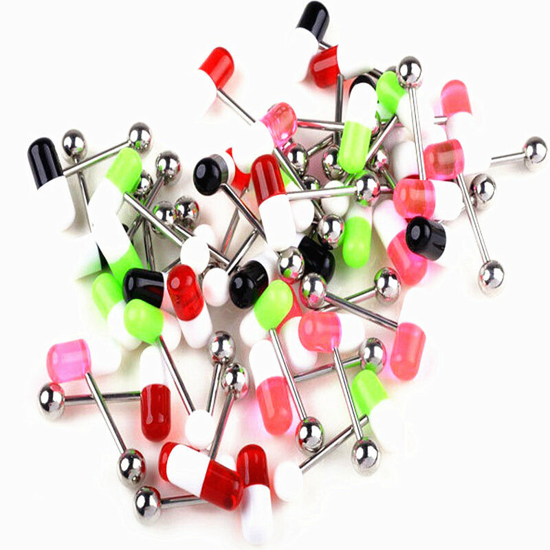10-30X Acrylic Pill Capsule Surgical Steel Barbell Tongue Bar Ring Stud Piercing