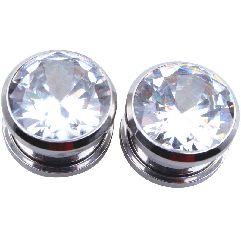 2PC Surgical Steel Zircon Crystal Screw Fit Flesh Tunnel Gauge Ear Plug Expander