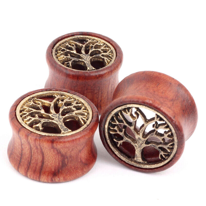 Pair Hollow Wood Tree of Life Double Saddle Ear Plug Gauge Flesh Tunnel Stretcher