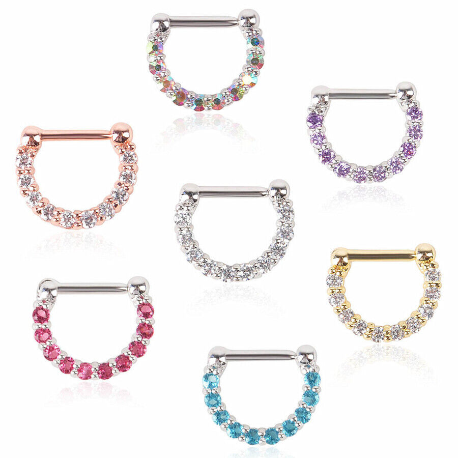Crystal Zircon Stud Nose Ring Surgical Steel Bar Septum Hanger Clip Piercing 16g