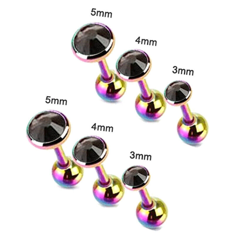 6pcs Flat Gem Multicolour Cartilage Upper Ear Stud Set Tragus Helix Top Piercing