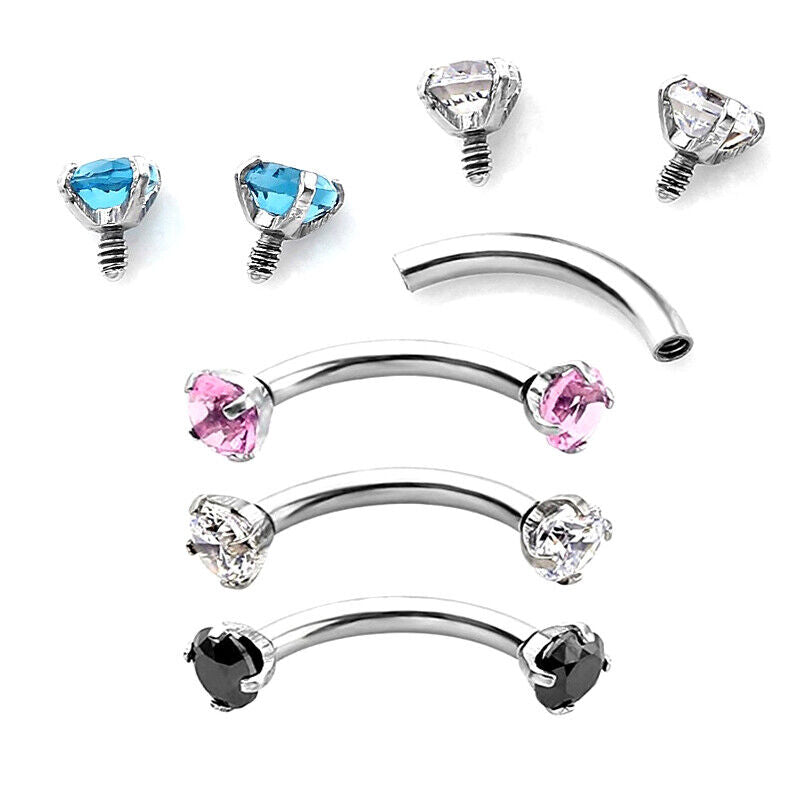 2X Zircon Curved Eyebrow Bar Internally Threaded Barbell Ring Helix Ear Piercing