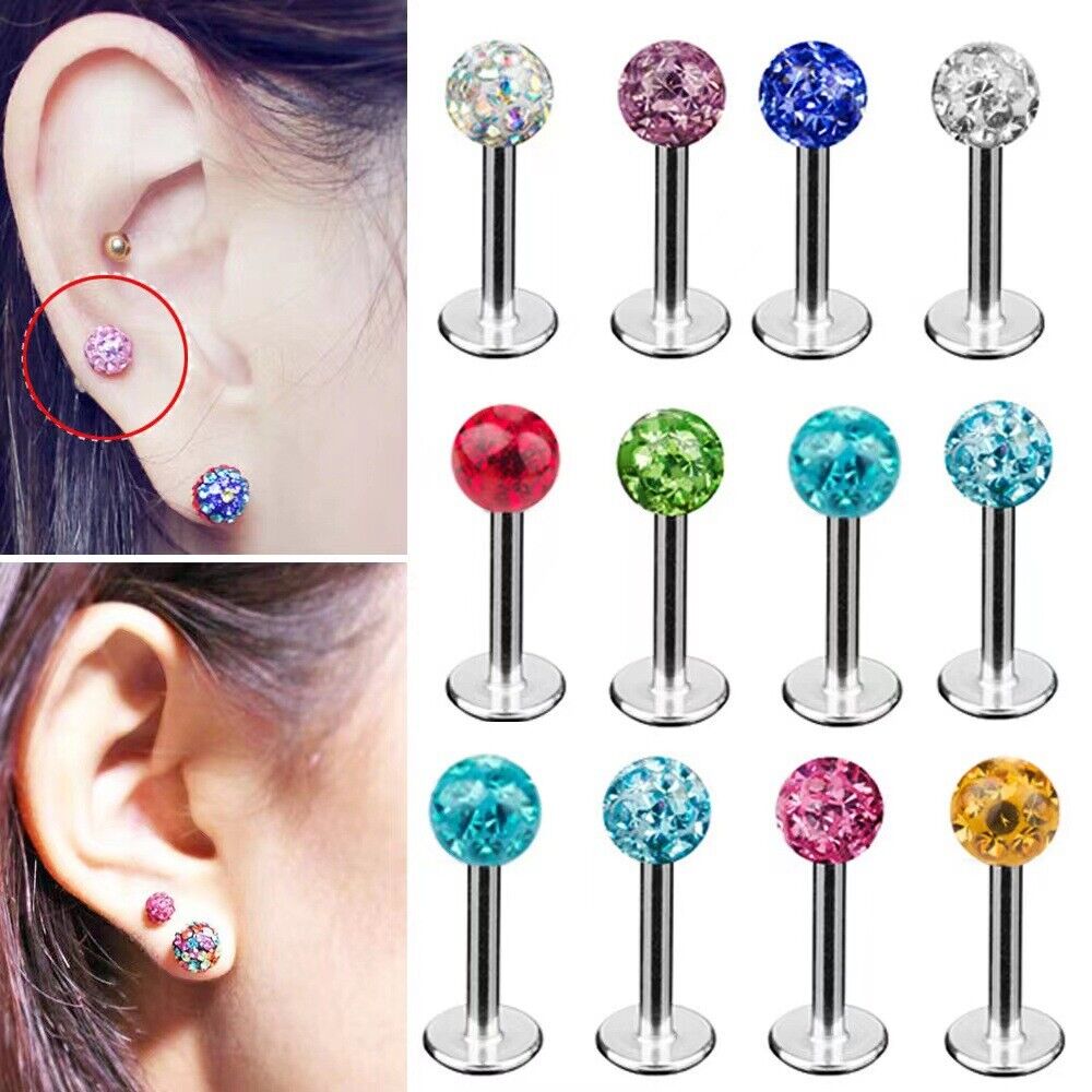 16G MULTI Coated CRYSTAL Monroe Lip Stud LABRET Bar Tragus Steel Piercing