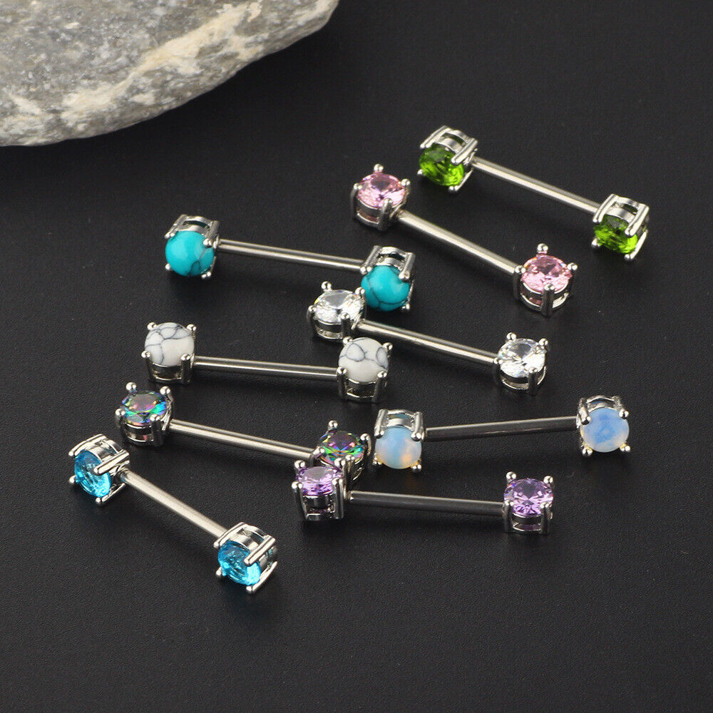 2pc Surgical Steel Nipple Bar Ring Opal Zircon Shield Body Piercing Jewellery