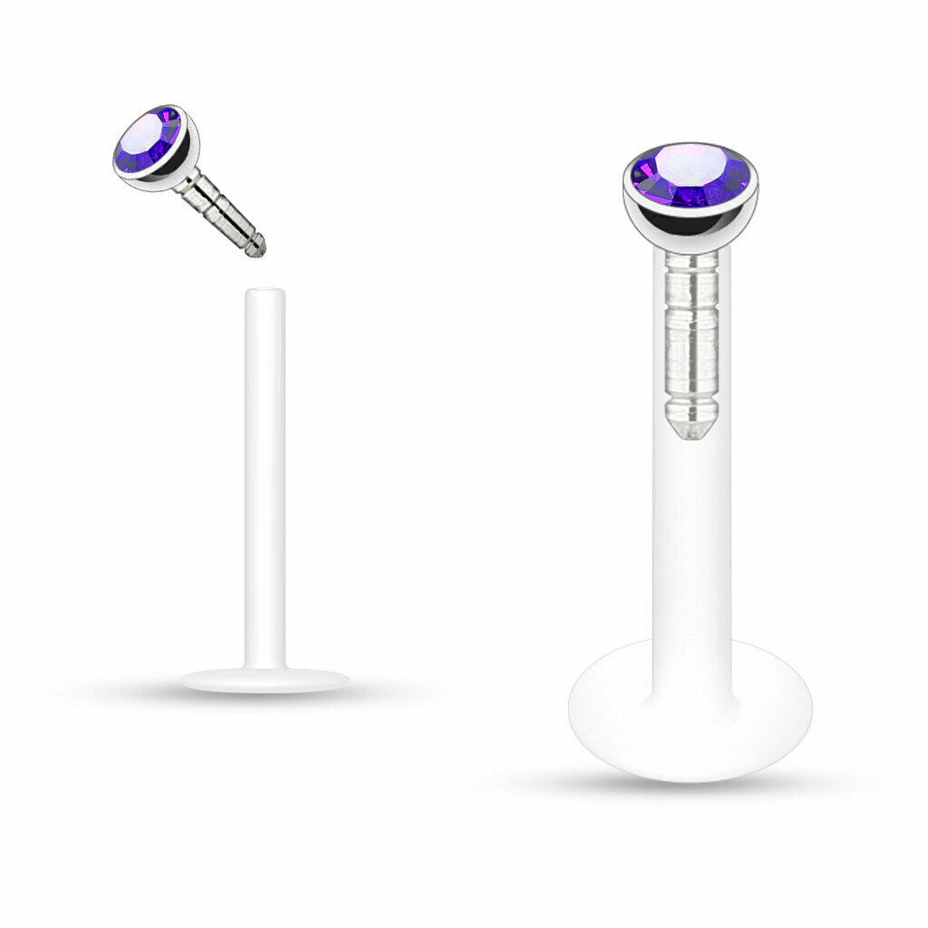 2X Internal Thread Crystal Ball Lip Monroe Labret Tragus 6/8/10mm Bar Piercing