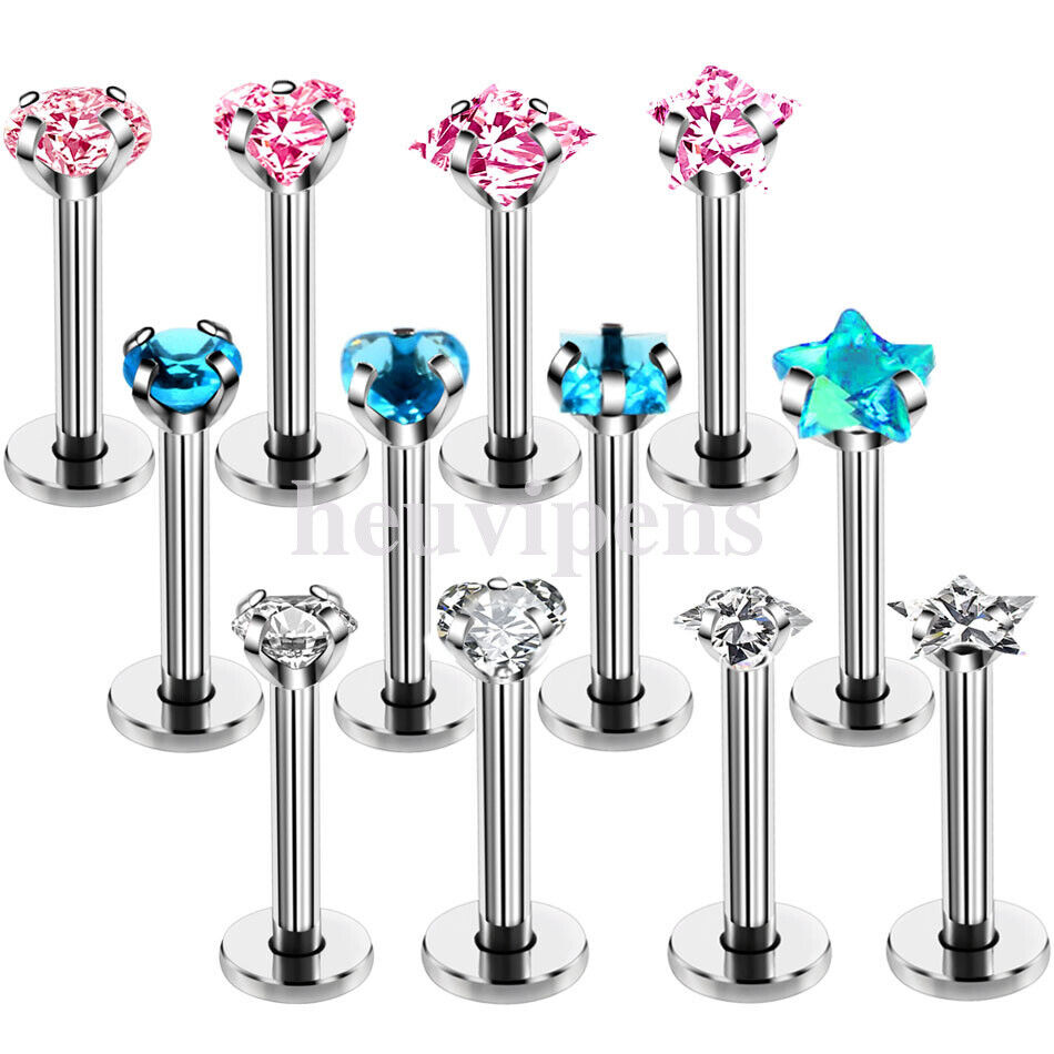 2X Multi Shape Zircon Labret Lip Stud Internally Threaded Tragus Rings Piercing