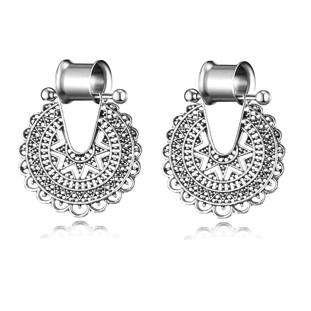 1 Pair Flesh Tunnel Boho Bohemia Floral Dangle Ear Plug Double Flared Stretcher