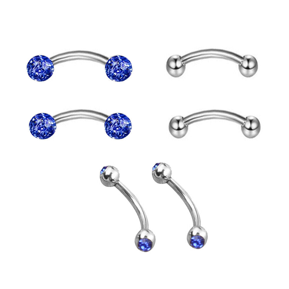 6pc Varies Bar Length Steel Crystal Barbell Curved Eyebrow Ring Ear Piercing Set