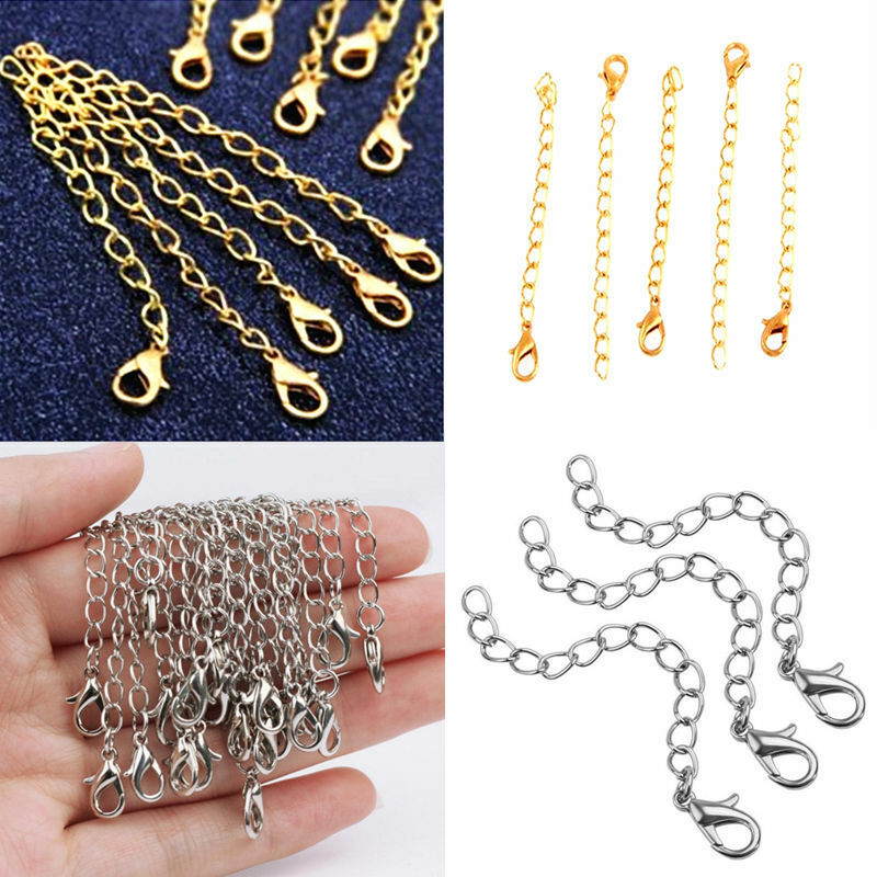 10pc Silver Gold DIY Necklace Extender Extension Chain 75mm / 3" with Clasp Hook