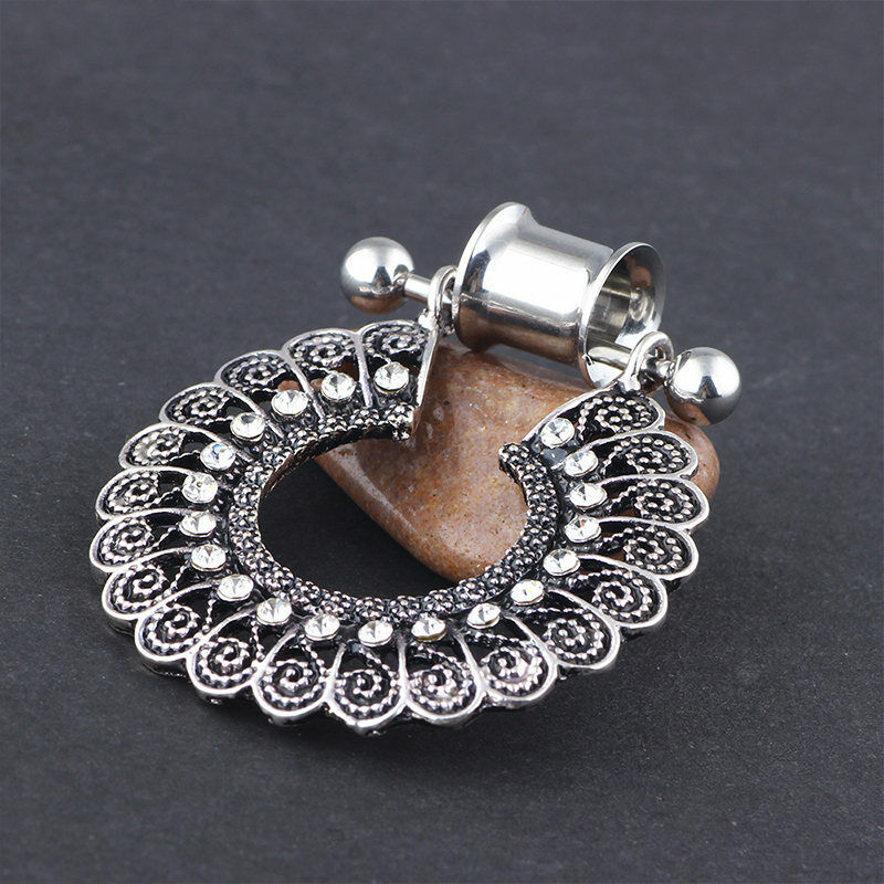 2X Steel Boho Dangle Crystal Peacock Flesh Tunnel Double Flared Ear Plug Trumpet