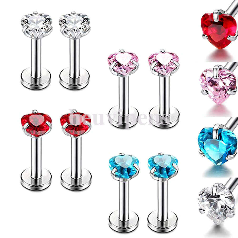 2X Multi Shape Zircon Labret Lip Stud Internally Threaded Tragus Rings Piercing
