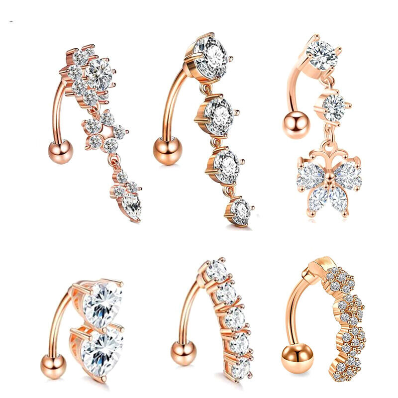 2pc Belly Bar Reverse Dangle Zircon Navel Button Ring Dangle Barbell Piercing