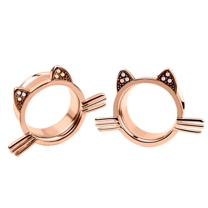 2pc Flesh Tunnel Crysal Silver Black Rose Gold Cat Ear Plug Stretcher Trumpet