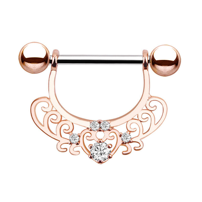 Pair Crystal Gem Nipple Ring Surgical Steel Zircon Piercing Bar Shield Piercing