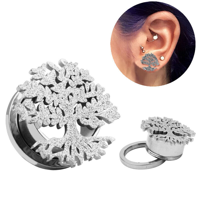 2X Steel Flesh Tunnel Frosted Flower Tree Ear Plug Stretcher Screw Fit 6mm-16mm