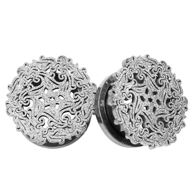 2X Steel Flesh Tunnel Frosted Flower Tree Ear Plug Stretcher Screw Fit 6mm-16mm