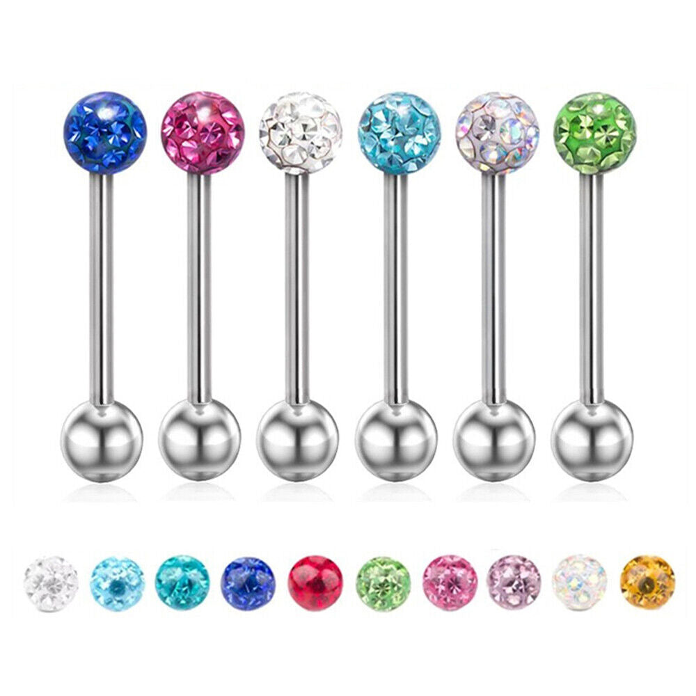 Surgical Steel Coated Crystal Ball Barbell Bar Tongue Ring Nipple Piercing