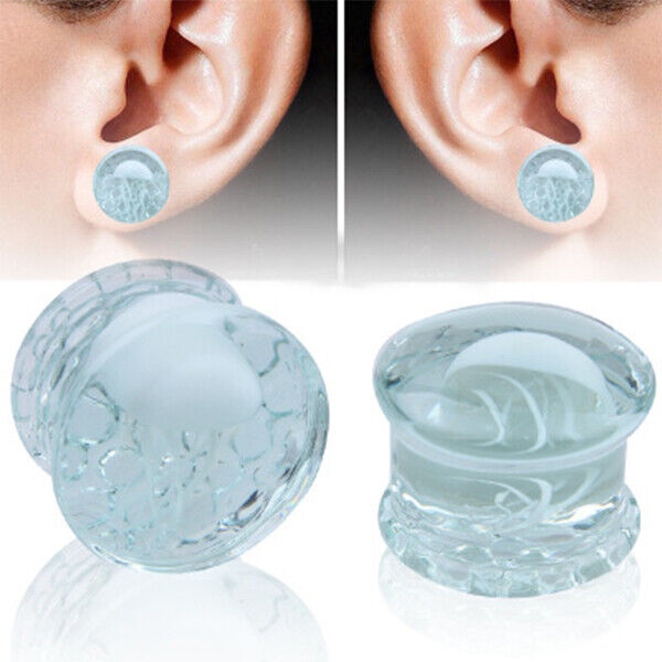 2PC Glass Ear Plug Jellyfish Double Flared Saddle Flesh Tunnel Stretcher Trumpet