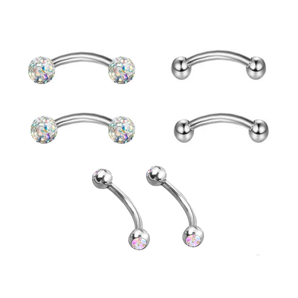 6pc Varies Bar Length Steel Crystal Barbell Curved Eyebrow Ring Ear Piercing Set