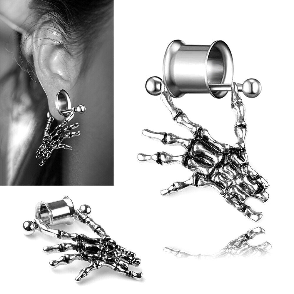 Pair Punk Skeleton Hand Crystal Tassel Dangle Flesh Tunnel Double Flare Ear Plug