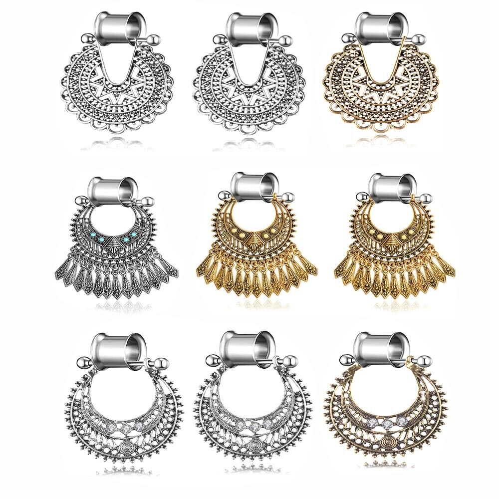 1 Pair Flesh Tunnel Boho Bohemia Floral Dangle Ear Plug Double Flared Stretcher