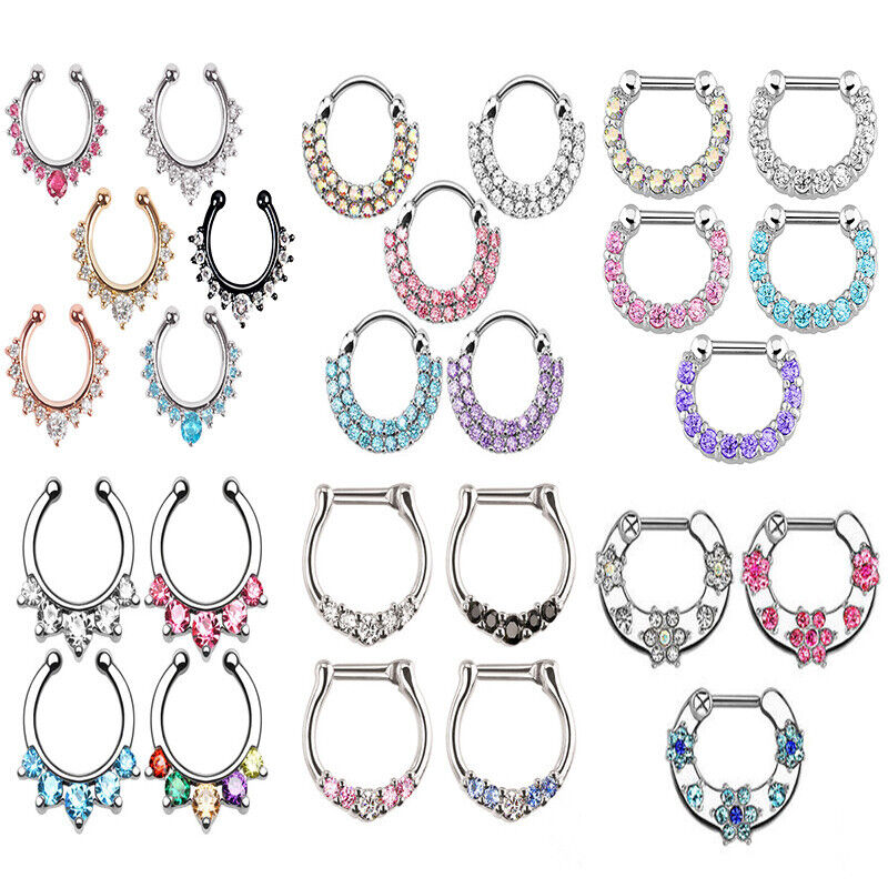 Crystal Zircon Stud Nose Ring Surgical Steel Bar Septum Hanger Clip Piercing 16g